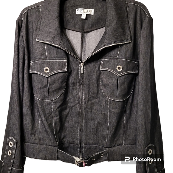 Svetlana Denim Black Jacket Size 16 with White Stitching Belt Silver  Buttons - Picture 6 of 11